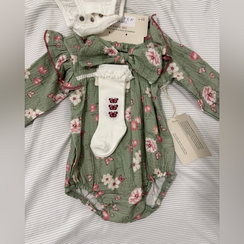 Chick Pea Organic Green Floral One Piece with White Socks